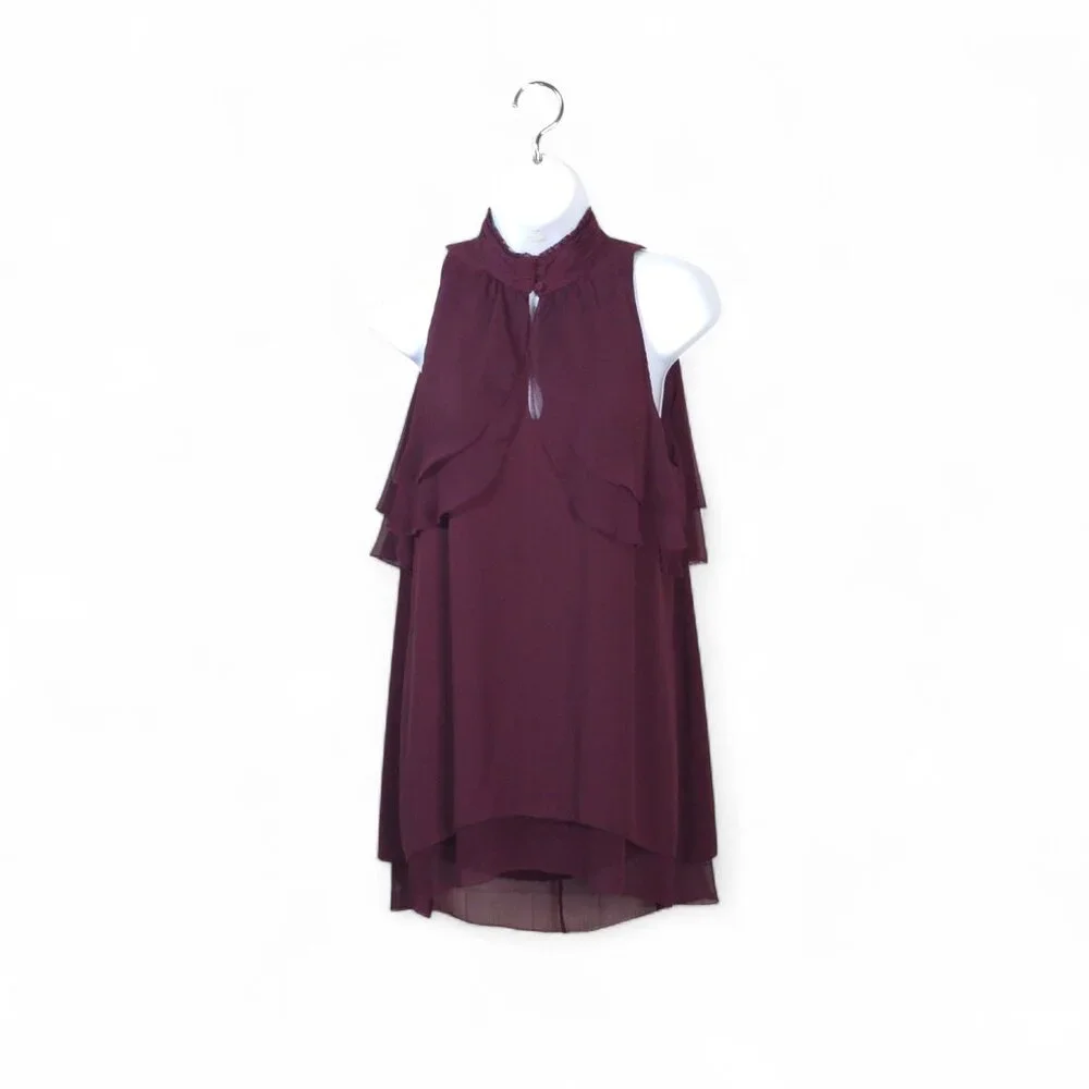 WHBM Burgundy Layered Chiffon Blouse Size 6 Sleeveless Keyhole Ruffle Top